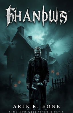 A chilling novel cover featuring an old, decrepit house shrouded in shadow, with dark, swirling mists surrounding it