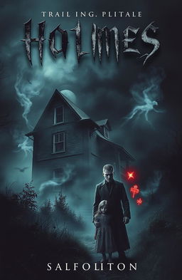 A chilling novel cover featuring an old, decrepit house shrouded in shadow, with dark, swirling mists surrounding it