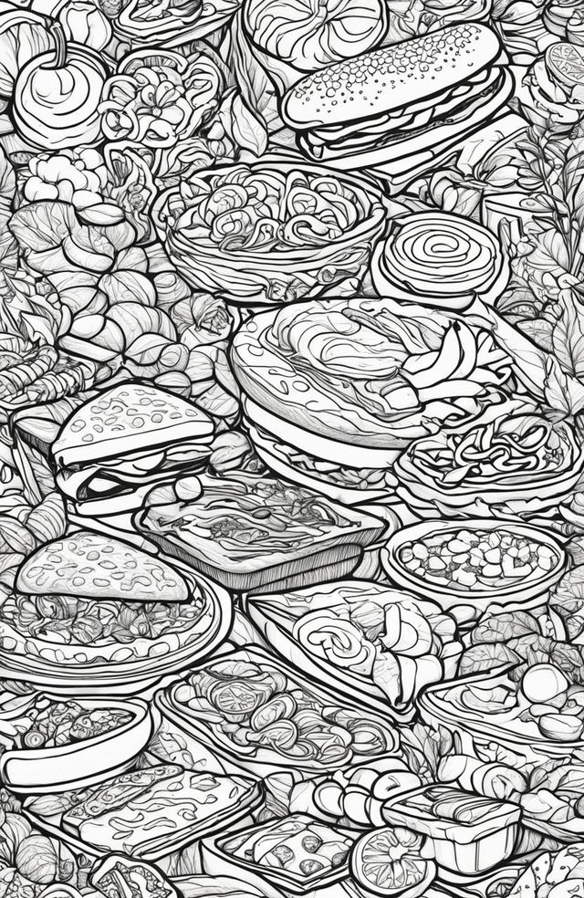 An adult coloring book style digital art image featuring a variety of food items