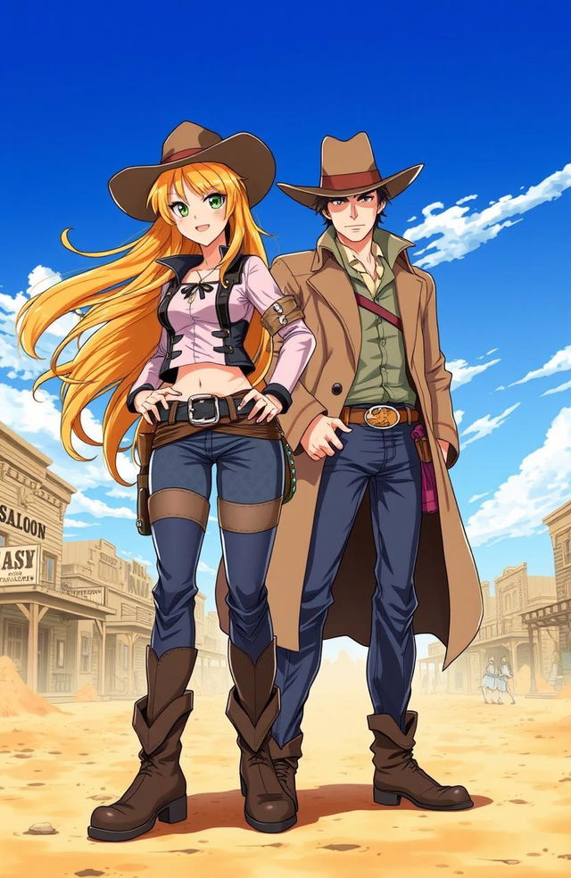 A vibrant and dynamic scene depicting a female lead, a fierce and cunning outlaw, and a male lead, rugged and charming, both set in a Wild West environment