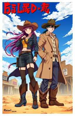 A vibrant and dynamic scene depicting a female lead, a fierce and cunning outlaw, and a male lead, rugged and charming, both set in a Wild West environment