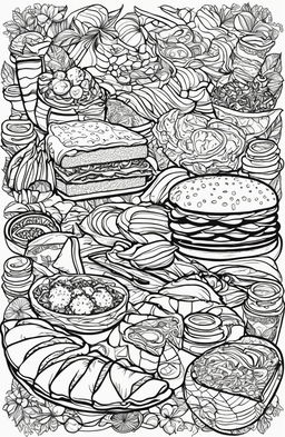 An adult coloring book style digital art image featuring a variety of food items