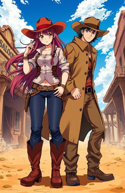 A vibrant and dynamic scene depicting a female lead, a fierce and cunning outlaw, and a male lead, rugged and charming, both set in a Wild West environment
