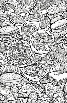 An adult coloring book style digital art image featuring a variety of food items