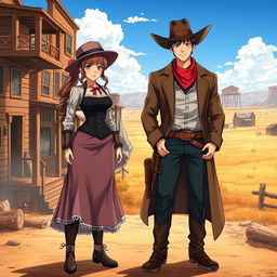 A captivating scene set in the Historical Wild West featuring a female lead, a strong and determined outlaw woman, and a male lead, a rugged and charismatic outlaw