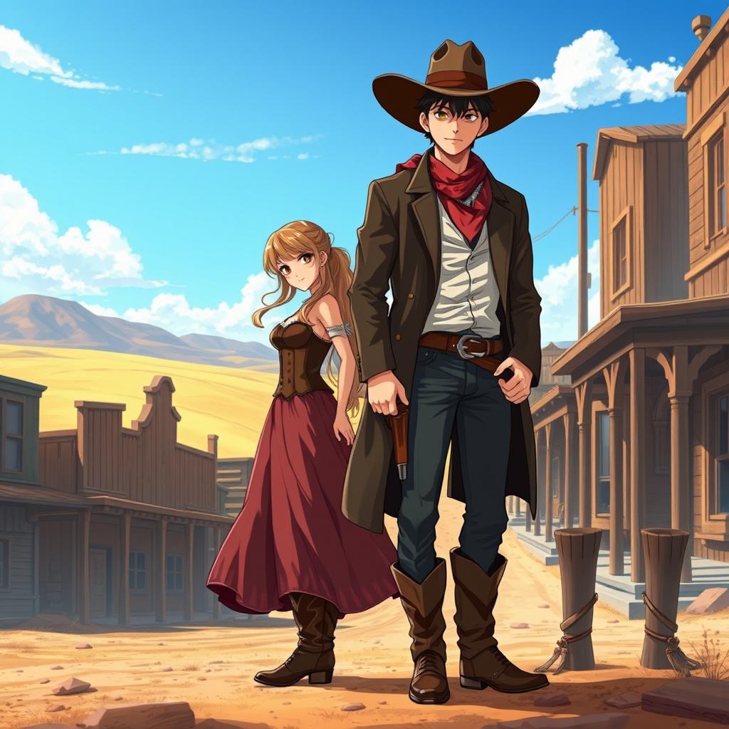 A captivating scene set in the Historical Wild West featuring a female lead, a strong and determined outlaw woman, and a male lead, a rugged and charismatic outlaw