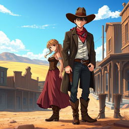 A captivating scene set in the Historical Wild West featuring a female lead, a strong and determined outlaw woman, and a male lead, a rugged and charismatic outlaw