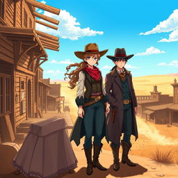 A captivating scene set in the Historical Wild West featuring a female lead, a strong and determined outlaw woman, and a male lead, a rugged and charismatic outlaw
