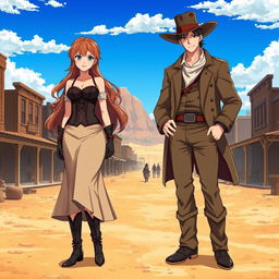 A captivating scene set in the Historical Wild West featuring a female lead, a strong and determined outlaw woman, and a male lead, a rugged and charismatic outlaw