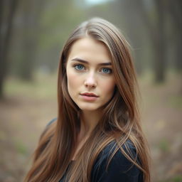 A 27-year-old woman with fair skin and long hair, portraying a natural style with minimal makeup