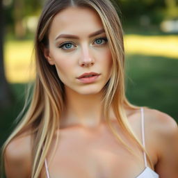 A 27-year-old woman with fair skin and long hair, portraying a natural style with minimal makeup