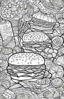 An adult coloring book style digital art image featuring a variety of food items