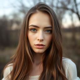 A 27-year-old woman with fair skin and long hair, portraying a natural style with minimal makeup