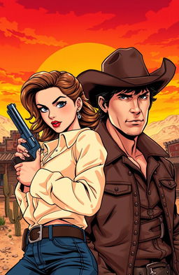 A Wild West scene featuring a strong female lead dressed in traditional cowboy attire with a modern twist, her hair styled in waves, confidently holding a revolver