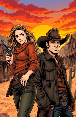A Wild West scene featuring a strong female lead dressed in traditional cowboy attire with a modern twist, her hair styled in waves, confidently holding a revolver