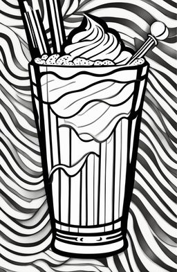 A simple, retro-style coloring book page featuring a single milkshake in a tall, curvy glass with a scoop of ice cream on top and a striped straw