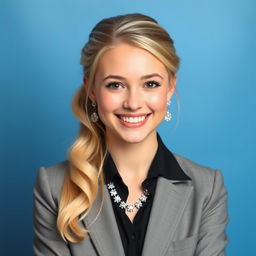 A beautiful young woman with long blonde hair styled in a ponytail, elegantly curled off to the side