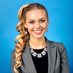 A beautiful young woman with long blonde hair styled in a ponytail, elegantly curled off to the side