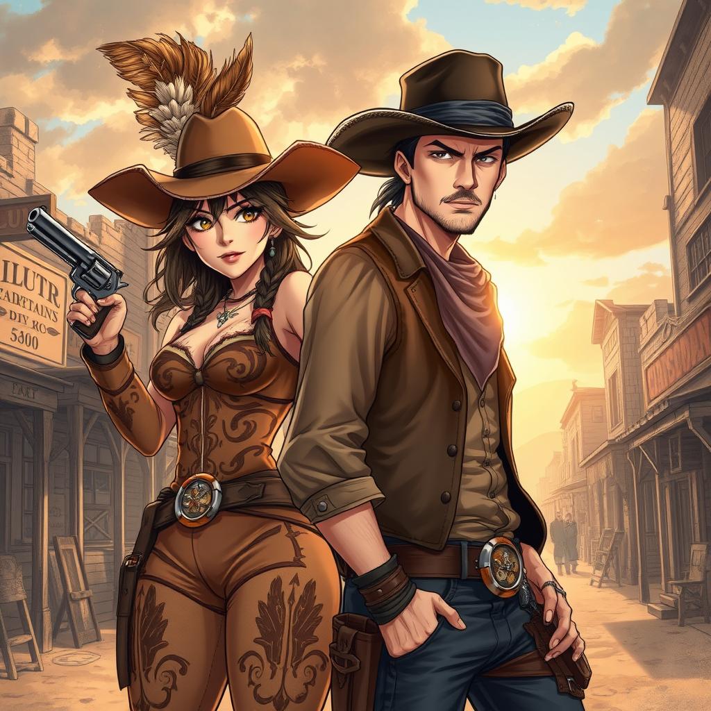 A captivating Wild West scene featuring a fierce female lead in a stylish cowboy outfit with intricate designs and a feathered hat, confidently wielding a revolver