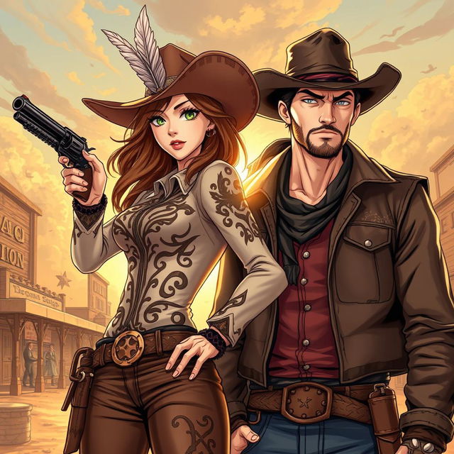 A captivating Wild West scene featuring a fierce female lead in a stylish cowboy outfit with intricate designs and a feathered hat, confidently wielding a revolver