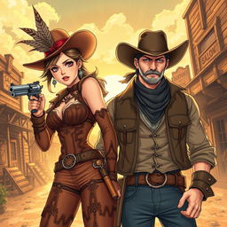 A captivating Wild West scene featuring a fierce female lead in a stylish cowboy outfit with intricate designs and a feathered hat, confidently wielding a revolver