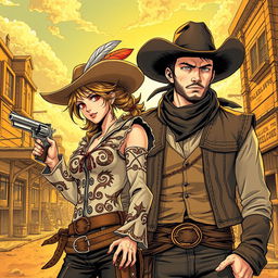 A captivating Wild West scene featuring a fierce female lead in a stylish cowboy outfit with intricate designs and a feathered hat, confidently wielding a revolver