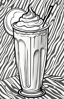 A simple, retro-style coloring book page featuring a single milkshake in a tall, curvy glass with a scoop of ice cream on top and a striped straw