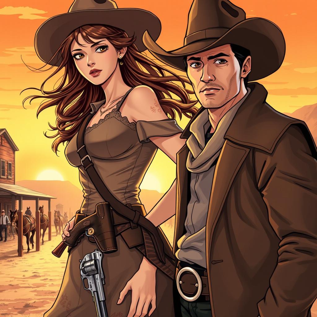 A historical Wild West scene showcasing a fierce female lead in a stylish cowboy dress equipped with a detailed holster and revolver