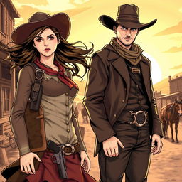 A historical Wild West scene showcasing a fierce female lead in a stylish cowboy dress equipped with a detailed holster and revolver