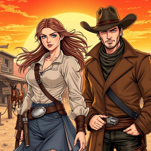 A historical Wild West scene showcasing a fierce female lead in a stylish cowboy dress equipped with a detailed holster and revolver