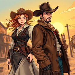 A historical Wild West scene showcasing a fierce female lead in a stylish cowboy dress equipped with a detailed holster and revolver