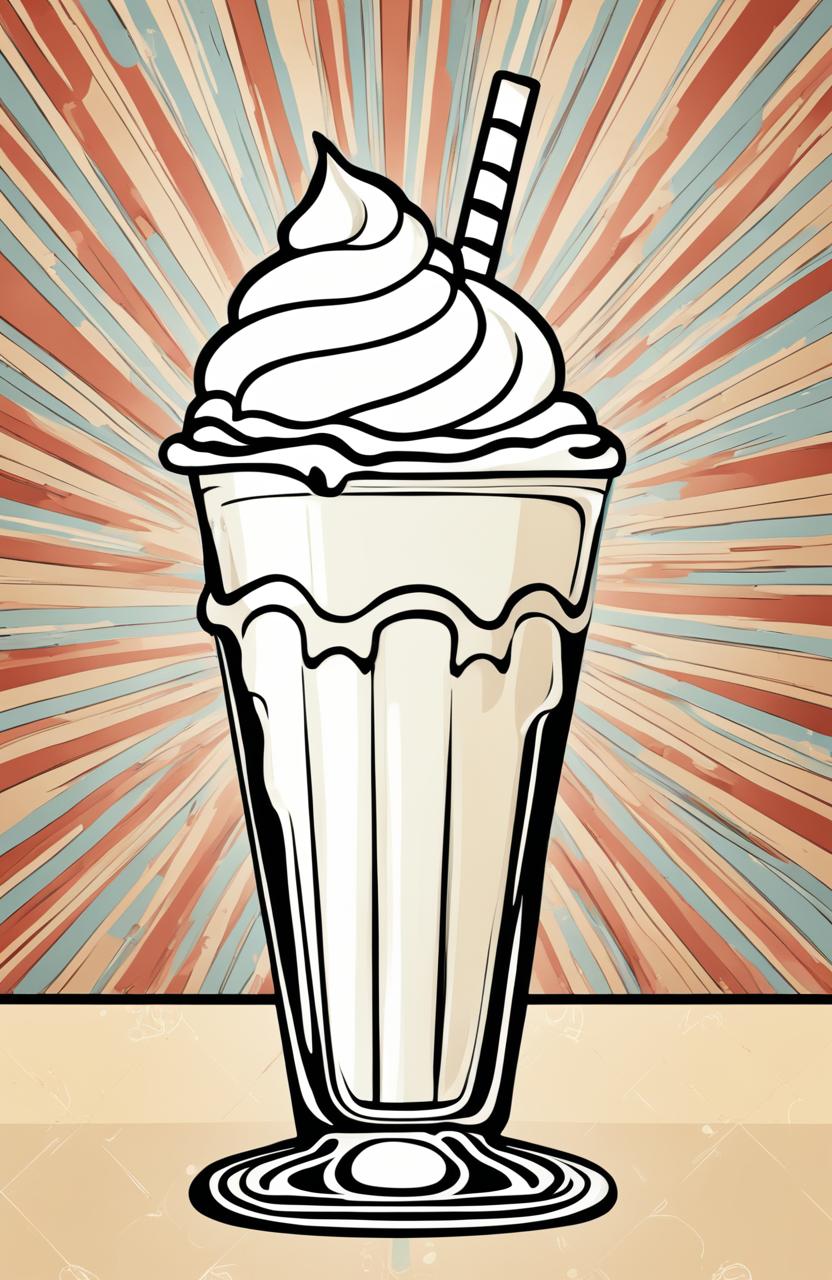 A simple, retro-style coloring book page featuring a single milkshake in a tall, curvy glass with a scoop of ice cream on top and a striped straw