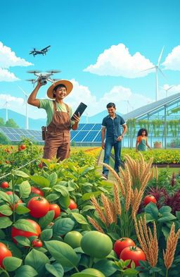 A vibrant and impactful illustration showcasing the intersection of technology in agriculture, food security, and sustainability