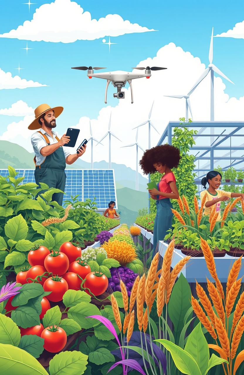 A vibrant and impactful illustration showcasing the intersection of technology in agriculture, food security, and sustainability