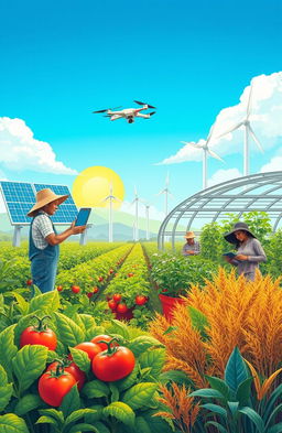 A vibrant and impactful illustration showcasing the intersection of technology in agriculture, food security, and sustainability