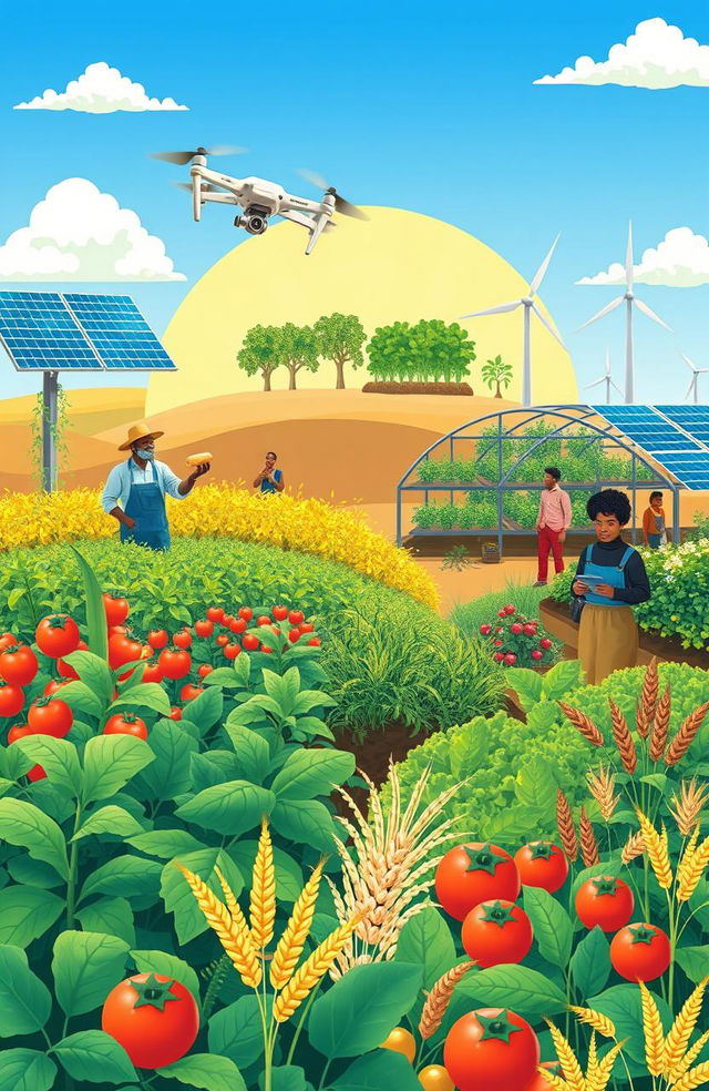 A vibrant and impactful illustration showcasing the intersection of technology in agriculture, food security, and sustainability