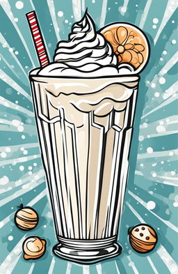 A simple, retro-style coloring book page featuring a single milkshake in a tall, curvy glass with a scoop of ice cream on top and a striped straw