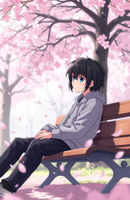 A melancholic anime guy struggling with emotions while sitting alone on a park bench, surrounded by cherry blossoms