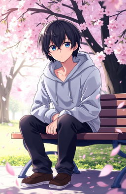 A melancholic anime guy struggling with emotions while sitting alone on a park bench, surrounded by cherry blossoms