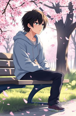 A melancholic anime guy struggling with emotions while sitting alone on a park bench, surrounded by cherry blossoms