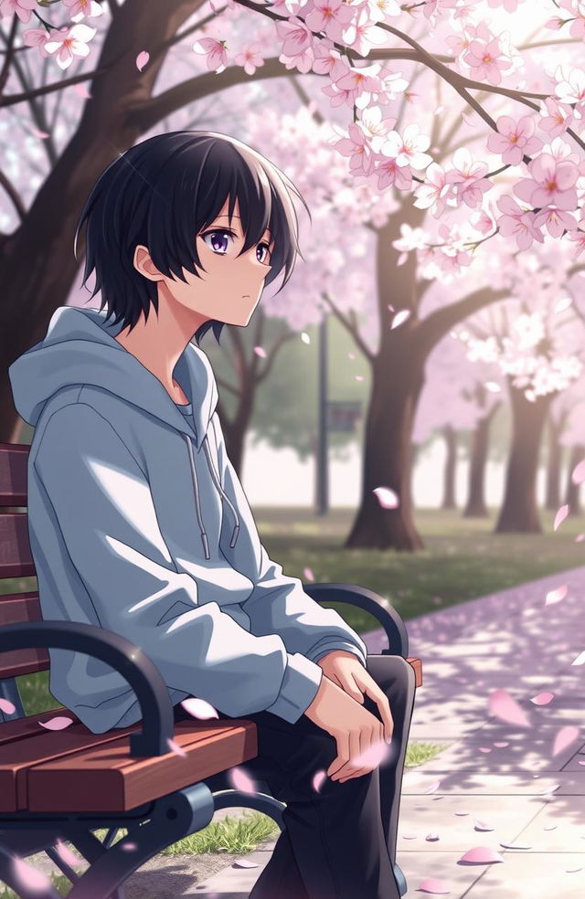 A melancholic anime guy struggling with emotions while sitting alone on a park bench, surrounded by cherry blossoms