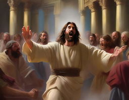 A vibrant digital painting depicting Jesus during the Cleansing of the Temple