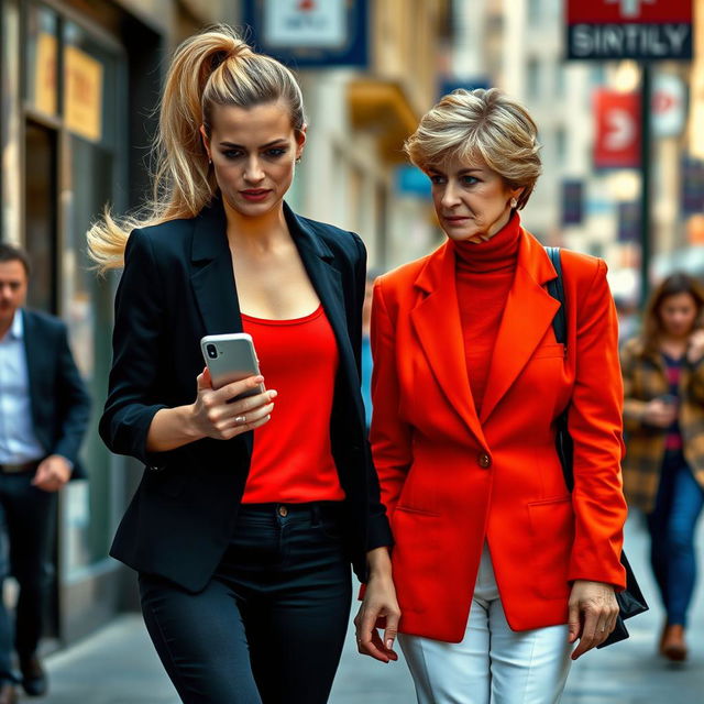 A stunning scene of a pretty woman walking along a vibrant city street