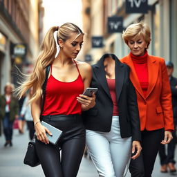 A stunning scene of a pretty woman walking along a vibrant city street
