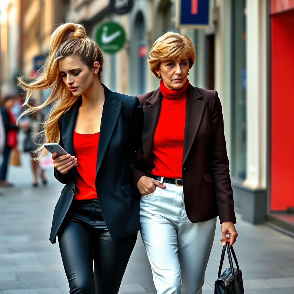 A stunning scene of a pretty woman walking along a vibrant city street