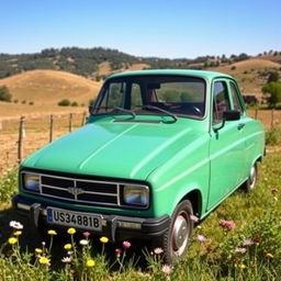 A vintage automobile scene featuring a classic 1984 Dacia, showcasing its iconic design