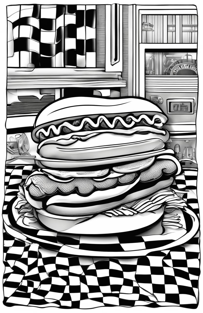 An adult coloring book page featuring a hotdog on a plate in a retro diner