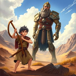 A dramatic and dynamic illustration of the biblical story of David and Goliath