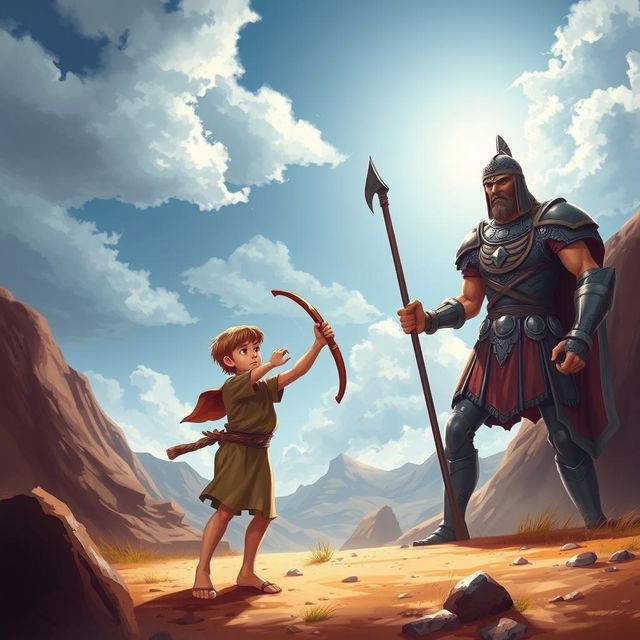 A dramatic and dynamic illustration of the biblical story of David and Goliath