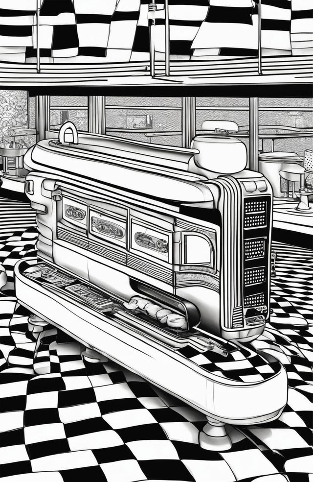 An adult coloring book page featuring a hotdog on a plate in a retro diner